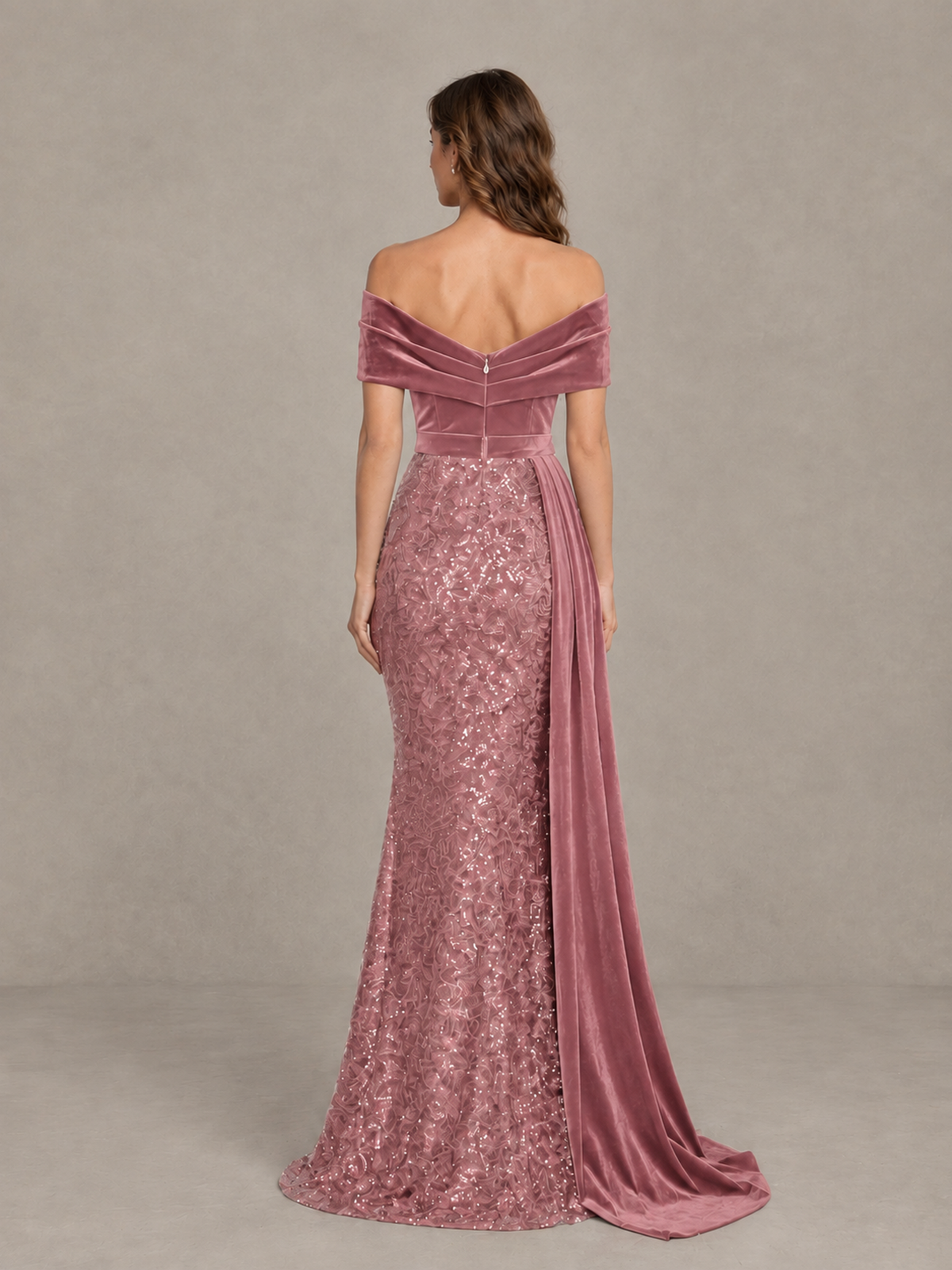 BOLODOO Dusty Rose Off-Shoulder Velvet & Sequin Evening Gown with Side Train - Dusty Rose - Dusty Rose (2)