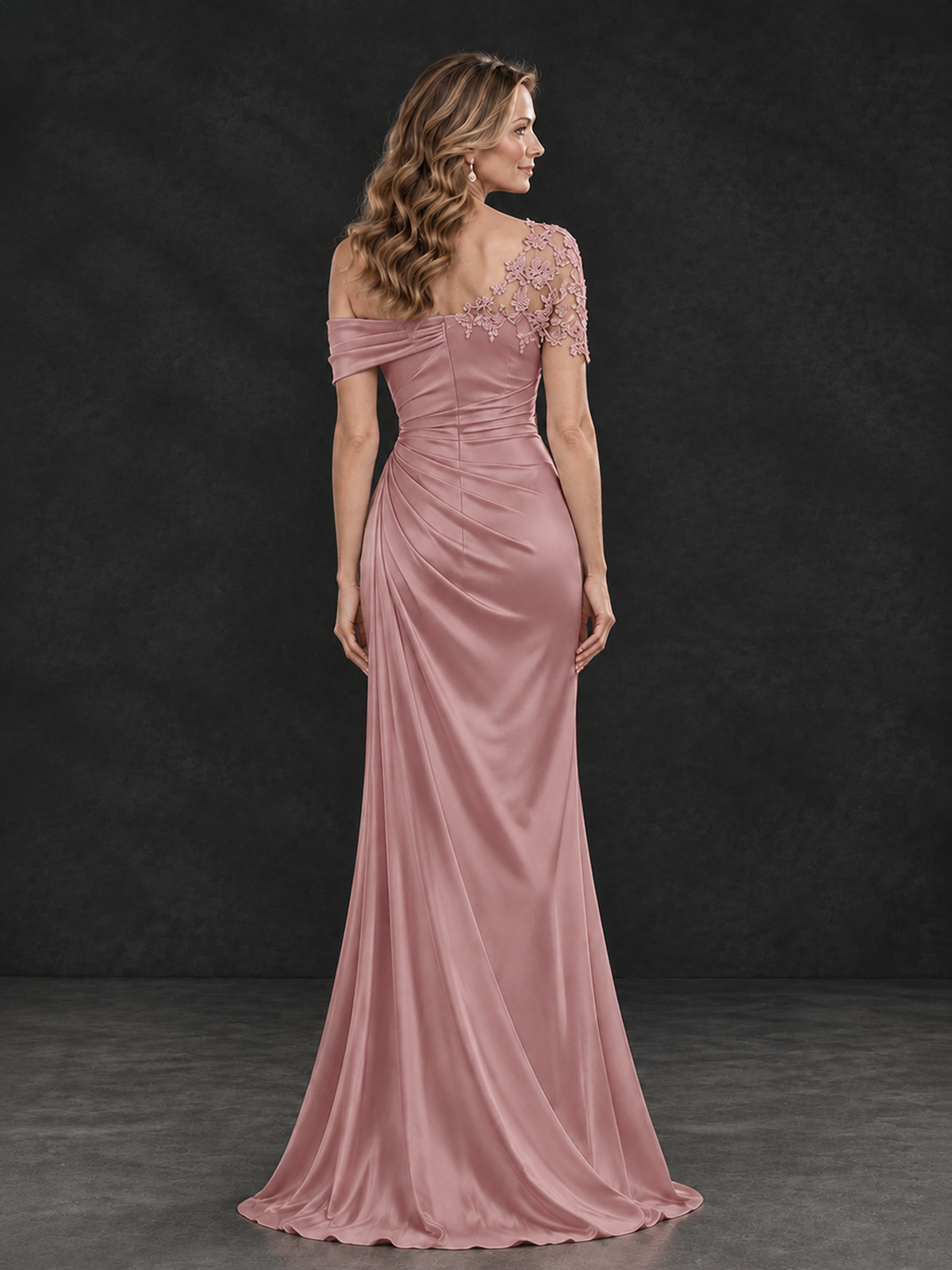 BOLODOO Dusty Rose Asymmetric Satin Mother of the Bride Dress with Lace Sleeve - Dusty Rose - Dusty Rose (2)