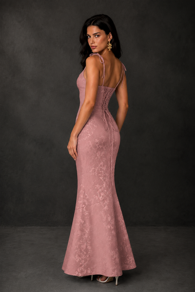 BOLODOO Dusty Rose Scoop Neck Tie Strap Lace-Up Back Floral Jacquard Mermaid Maxi Dress - Dusty Rose