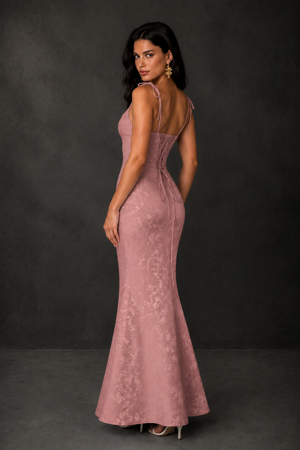 BOLODOO Dusty Rose Scoop Neck Tie Strap Lace-Up Back Floral Jacquard Mermaid Maxi Dress - Dusty Rose