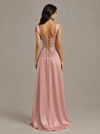 BOLODOO Dusty Rose Satin Lace-Up Bridesmaid Dress with Slit - Dusty Rose - Dusty Rose (2)