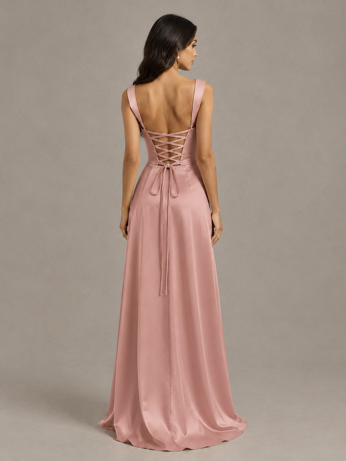BOLODOO Dusty Rose Satin Lace-Up Bridesmaid Dress with Slit - Dusty Rose - Dusty Rose (2)