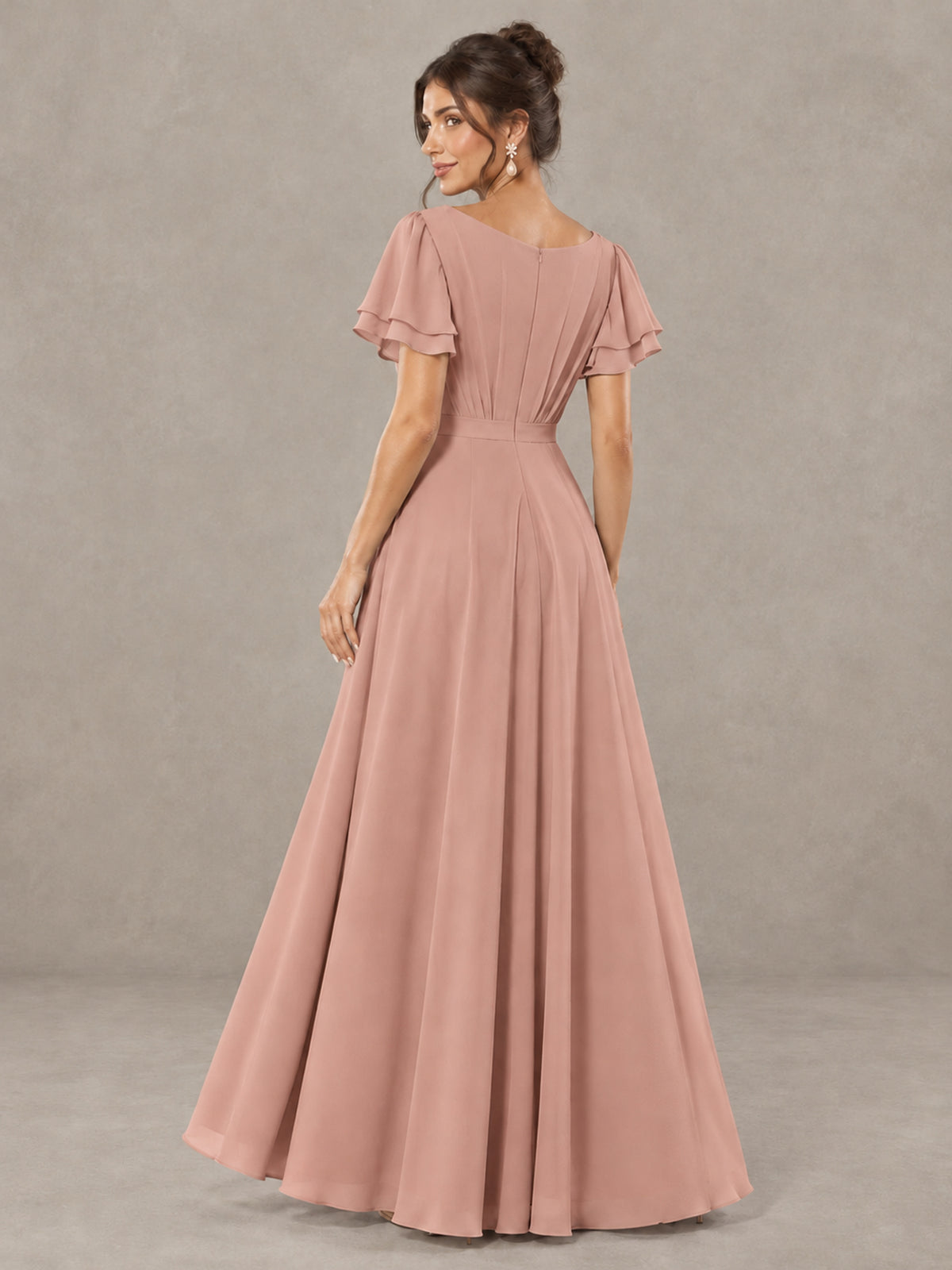 BOLODOO Dusty Rose Flutter Sleeve Ruffle Bridesmaid Dress with Slit - Dusty Rose - Dusty Rose (2)