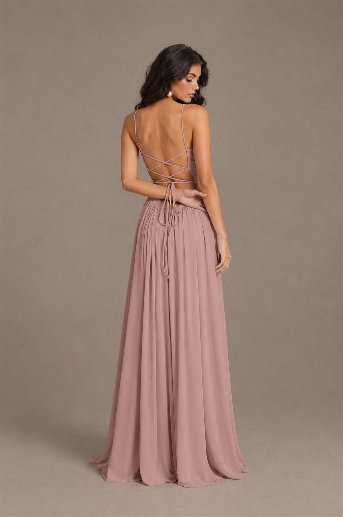 BOLODOO Dusty Rose Spaghetti Strap Square Neck Ruched Chiffon Maxi Dress with Lace-Up Back - Dusty Rose