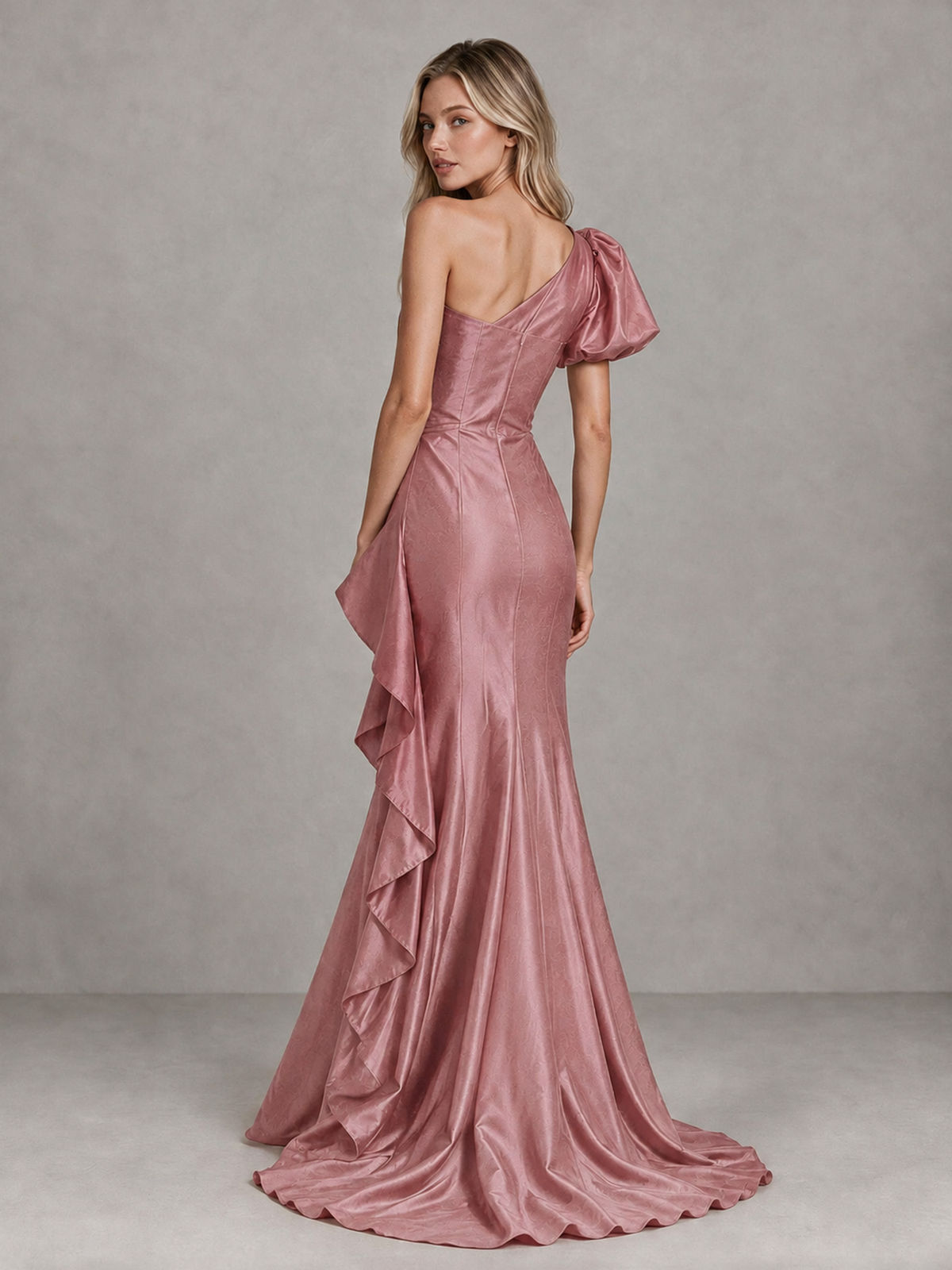 BOLODOO Dusty Rose One-Shoulder Satin-Look Mermaid Evening Dress with Ruffles - Dusty Rose - Dusty Rose (2)