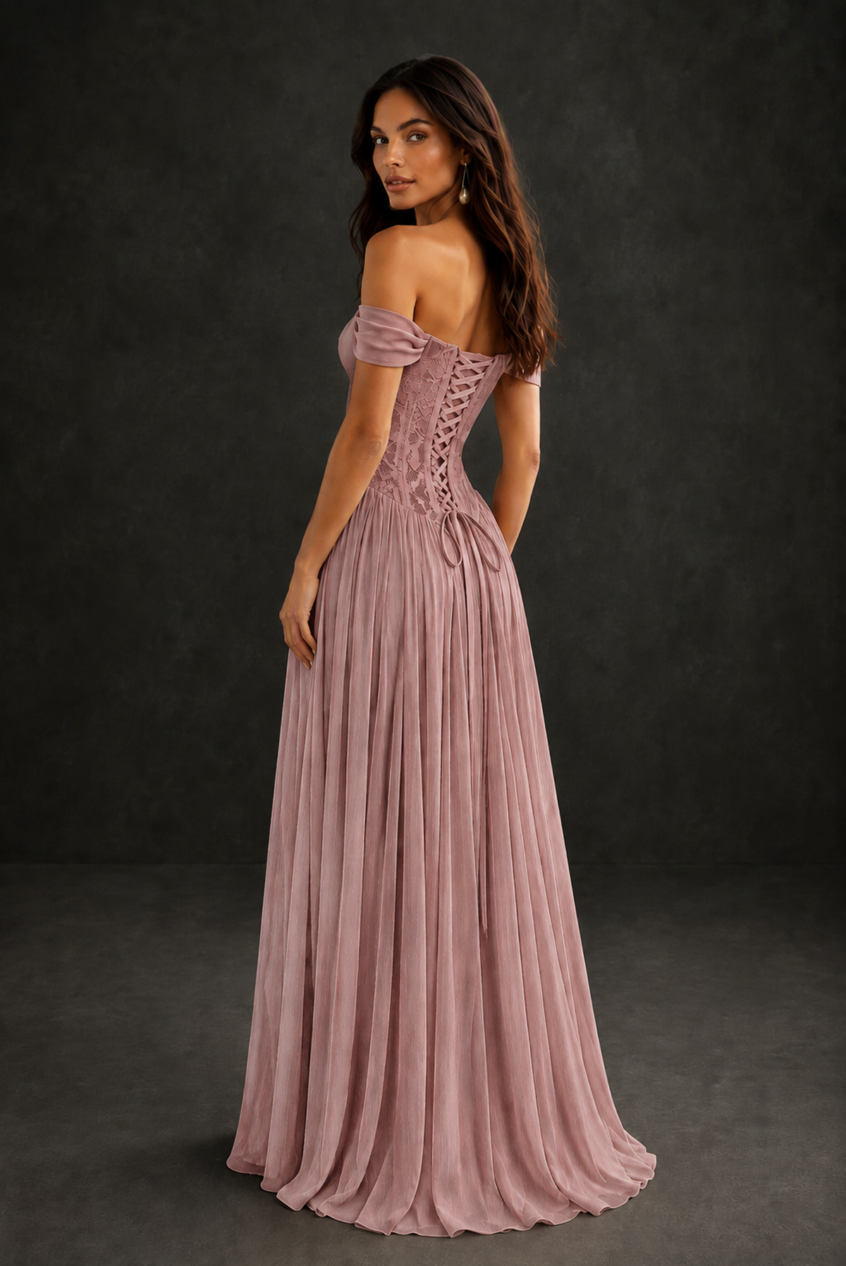 BOLODOO Dusty Rose Off-Shoulder Lace Corset Tulle Maxi Dress - Dusty Rose