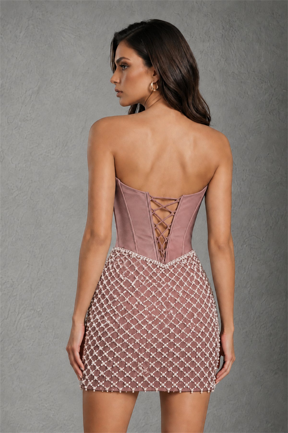 BOLODOO Dusty Rose Strapless Boned Corset Mini Dress Dusty Rose Geometric Beaded Skirt Lace-Up Back BD0355 - Dusty Rose