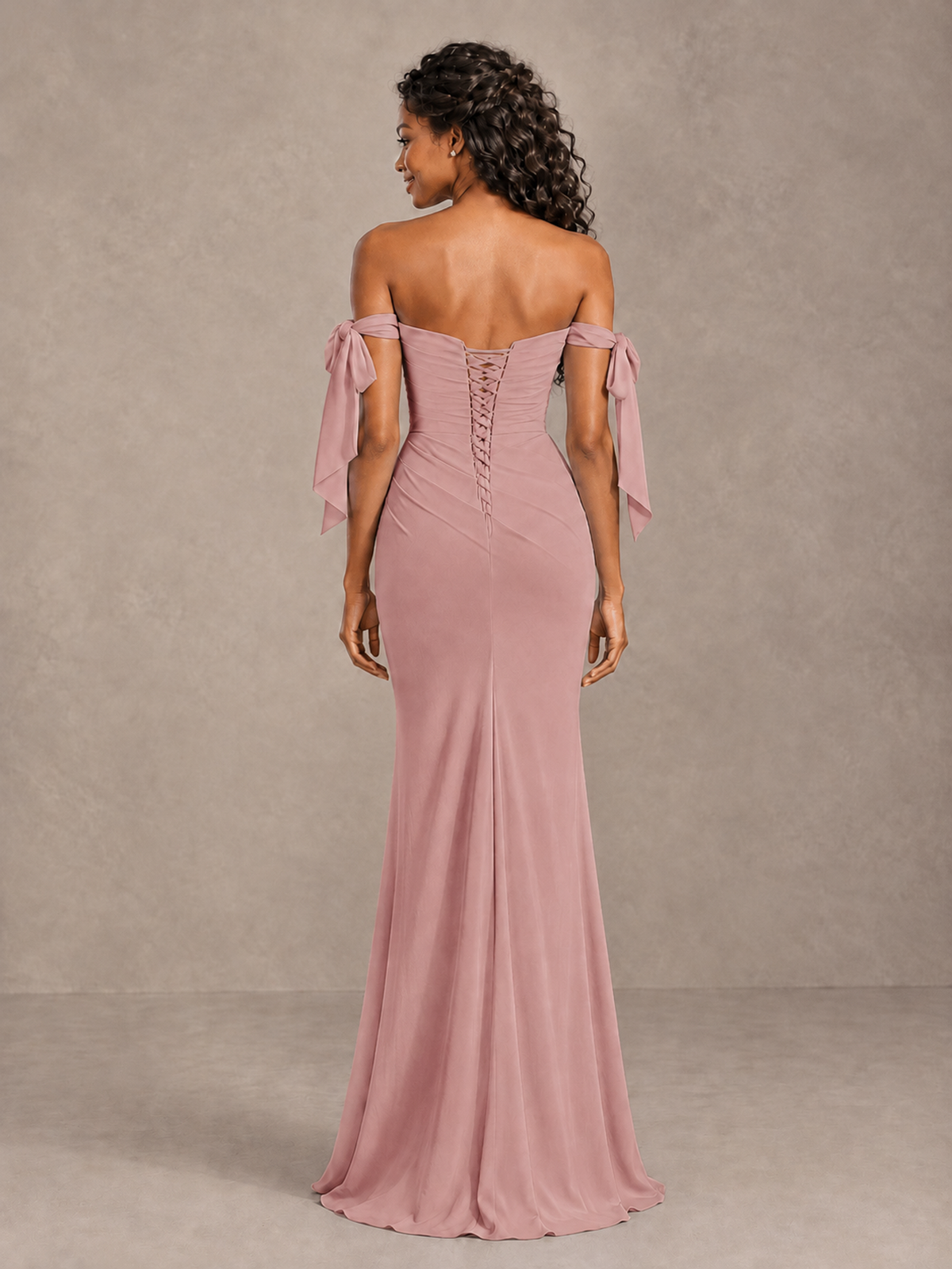 Dusty Rose Off-Shoulder Bow Bridesmaid Dress with Slit - Dusty Rose - Dusty Rose (2)