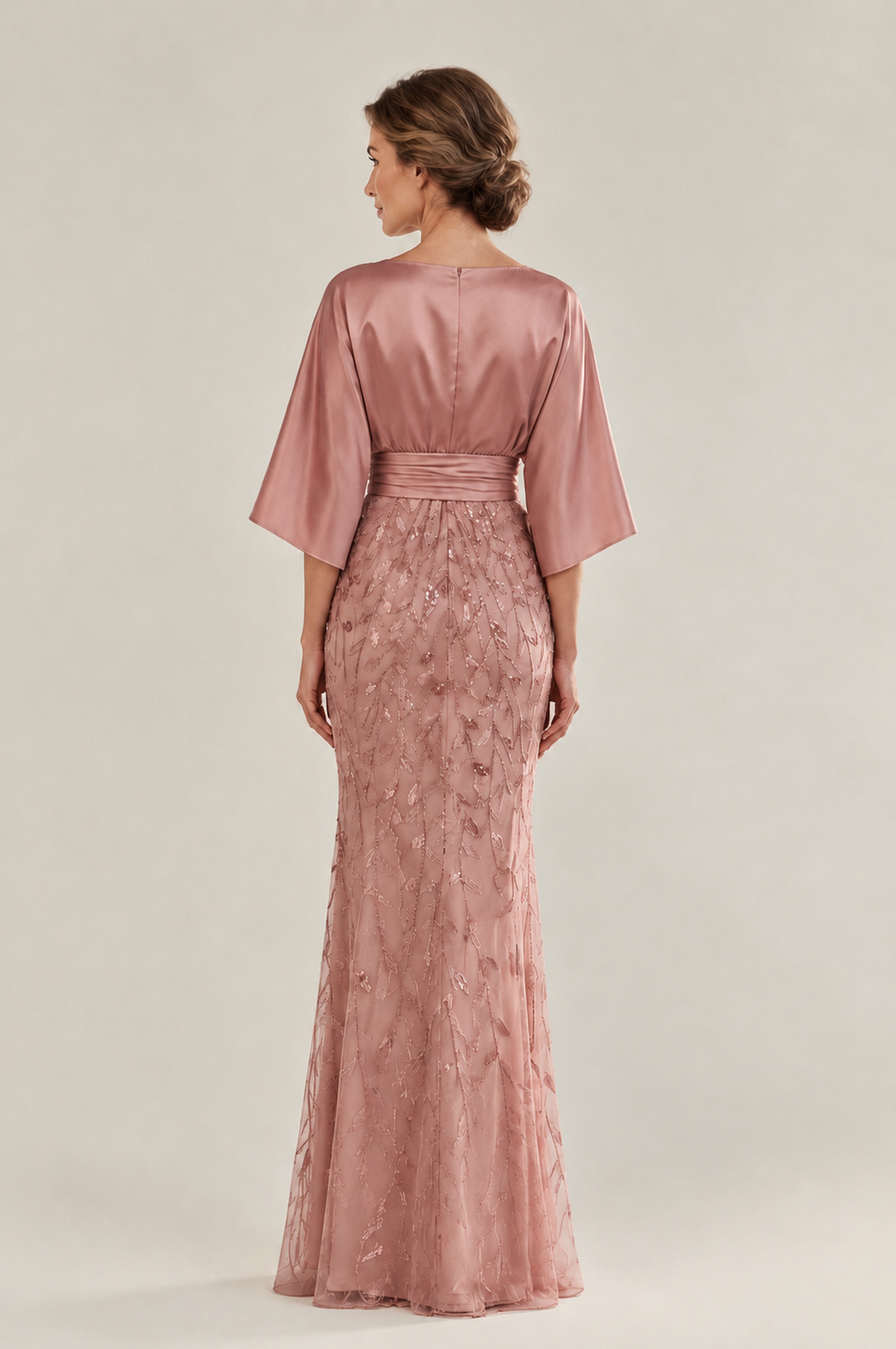 BOLODOO Dusty Rose Mother of the Bride Dress with Kimono Sleeves, Satin Bodice & Sequin Embroidered Mermaid Floor-Length Gown - Dusty Rose - Dusty Rose (2)