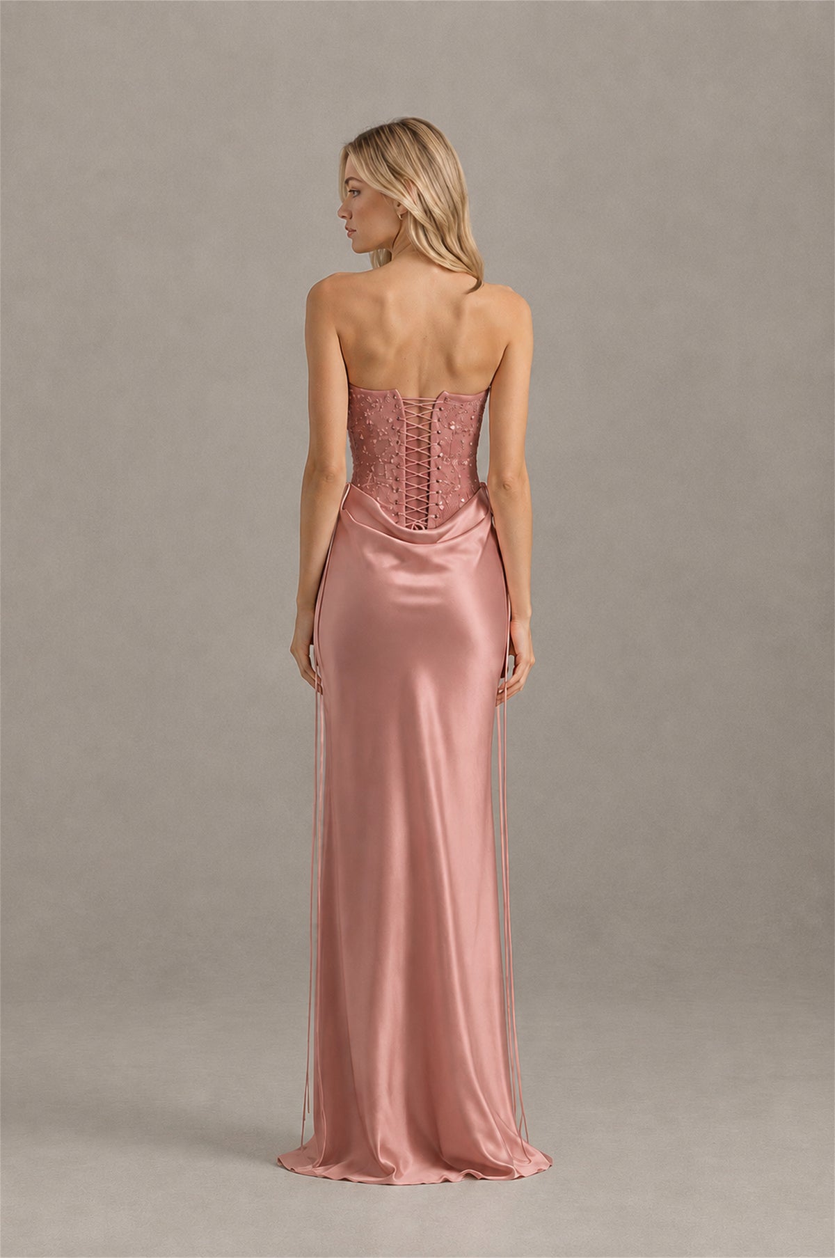 BOLODOO Dusty Rose Strapless Embellished Corset Satin-Look Maxi Dress - Dusty Rose