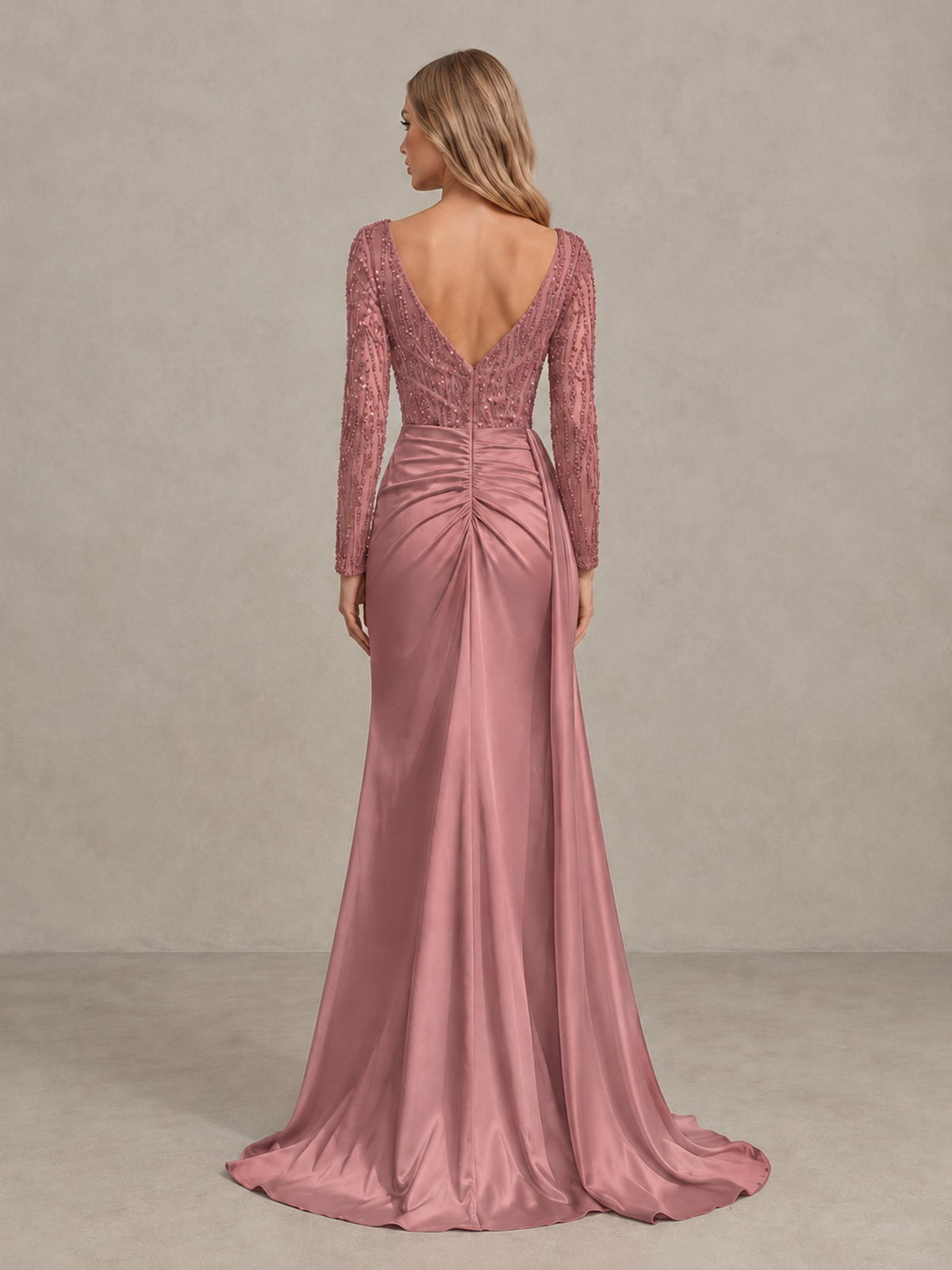 BOLODOO Dusty Rose Long Sleeve Lace Evening Dress with High Slit - Dusty Rose - Dusty Rose (2)