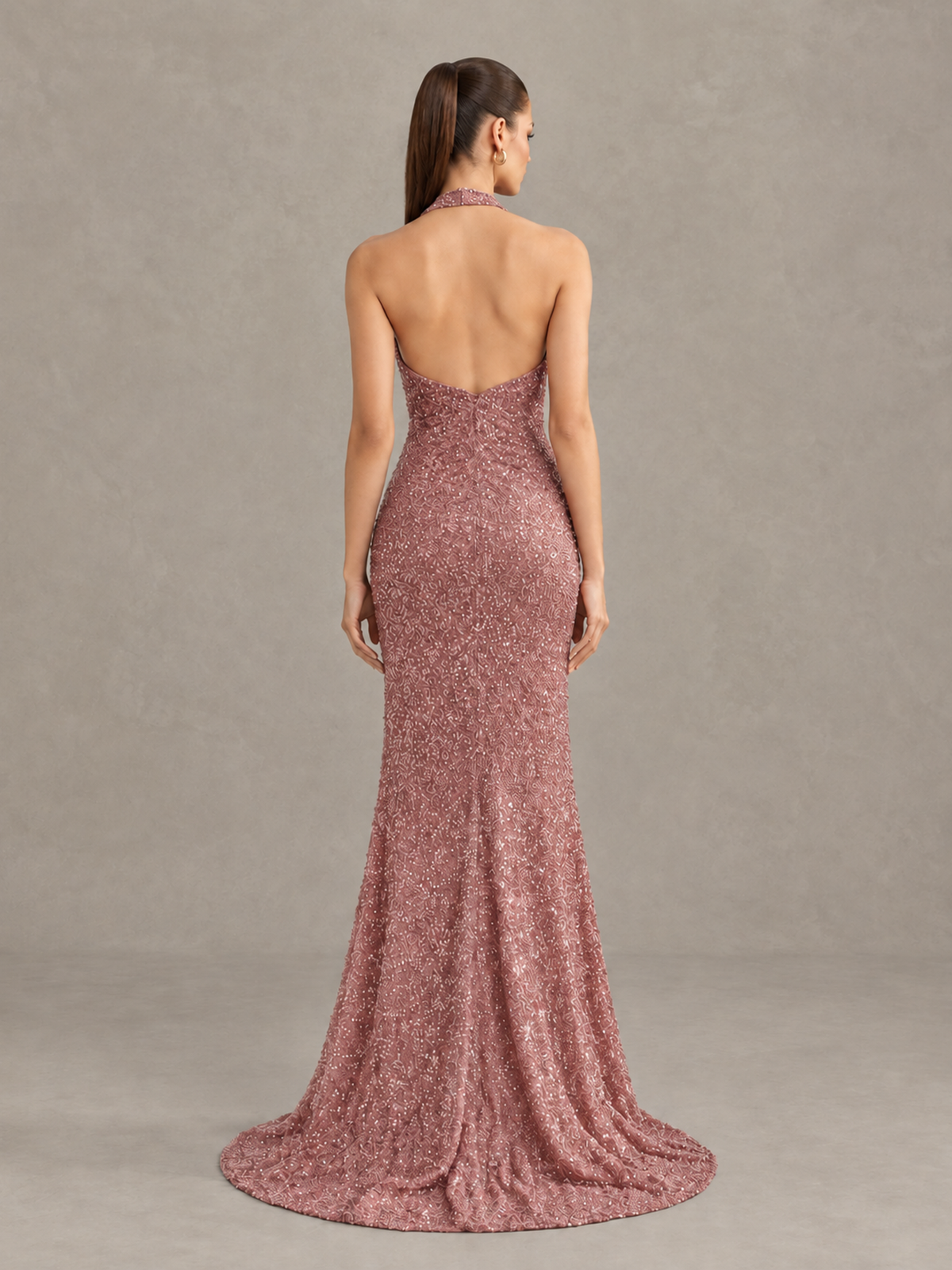 BOLODOO Dusty Rose Sequin Halter Open Back Evening Gown with High Slit - Dusty Rose - Dusty Rose (2)