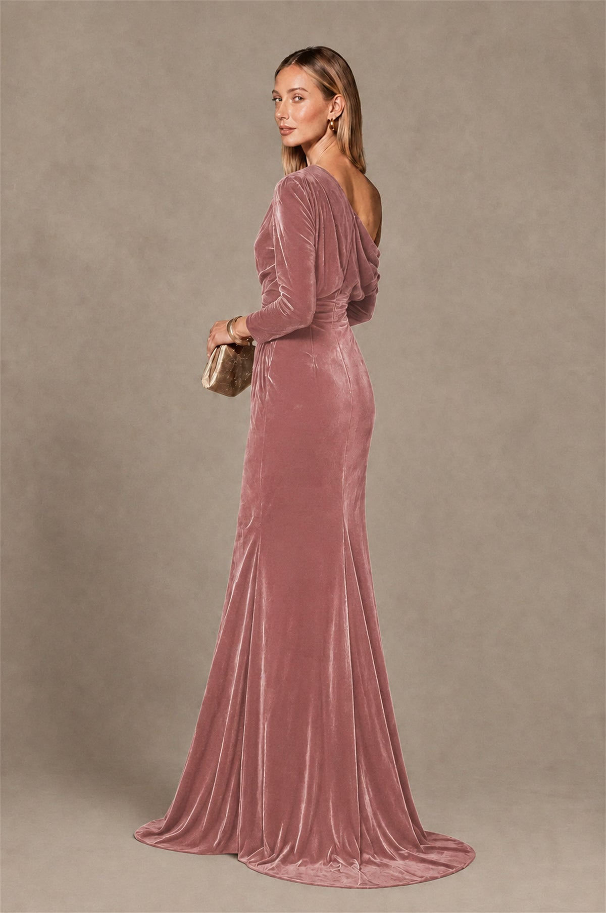 BOLODOO Dusty Rose Velvet One-Shoulder Long Sleeve Evening Gown - Dusty Rose