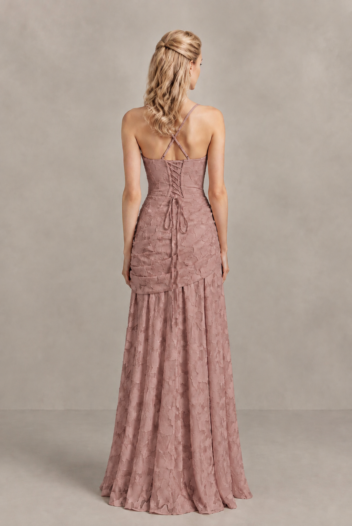 BOLODOO Dusty Rose Ruched Floral Maxi Dress with Lace-Up Back - Dusty Rose
