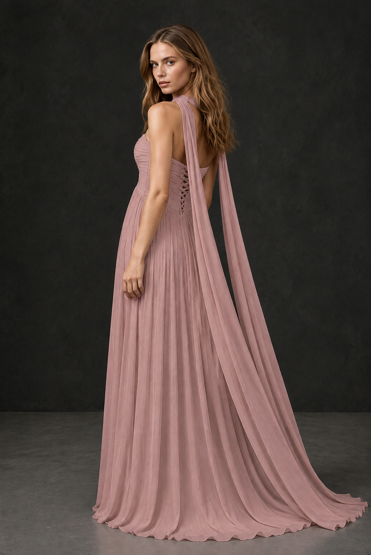 BOLODOO Dusty Rose Sweetheart Strapless Twist Knot Detached Halter Scarf Lace-Up Back Empire Waist Chiffon Maxi Dress - Dusty Rose