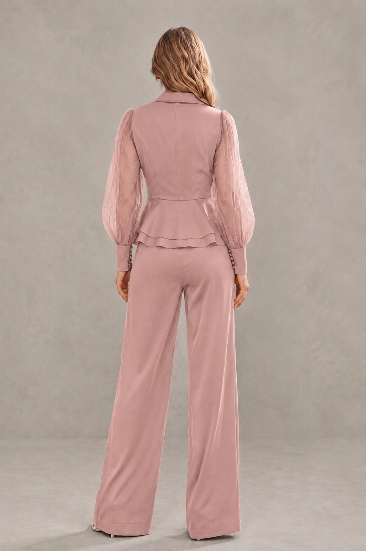 BOLODOO Mint Dusty Rose Peplum Blazer Wide-Leg Pantsuit with Sheer Puff Sleeves - Dusty Rose