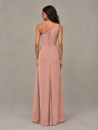BOLODOO Dusty Rose One-Shoulder Chiffon Bridesmaid Dress with Ruched Bodice & High Slit - Dusty Rose - Dusty Rose (2)
