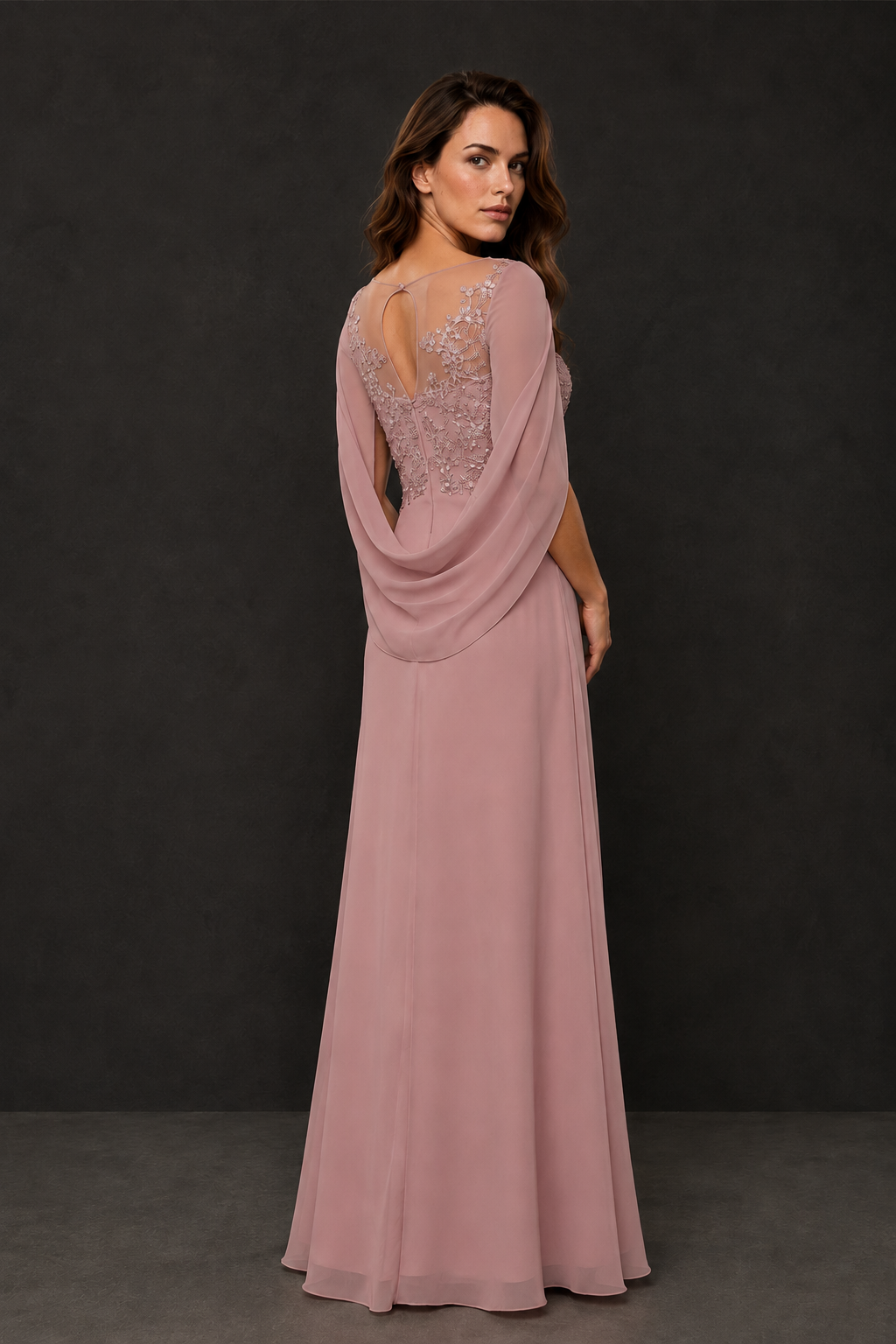 BOLODOO Dusty Rose Illusion Lace One-Side Cape Sleeve Beaded Chiffon Floor Length Gown | Mother of the Bride Evening Dress - Dusty Rose