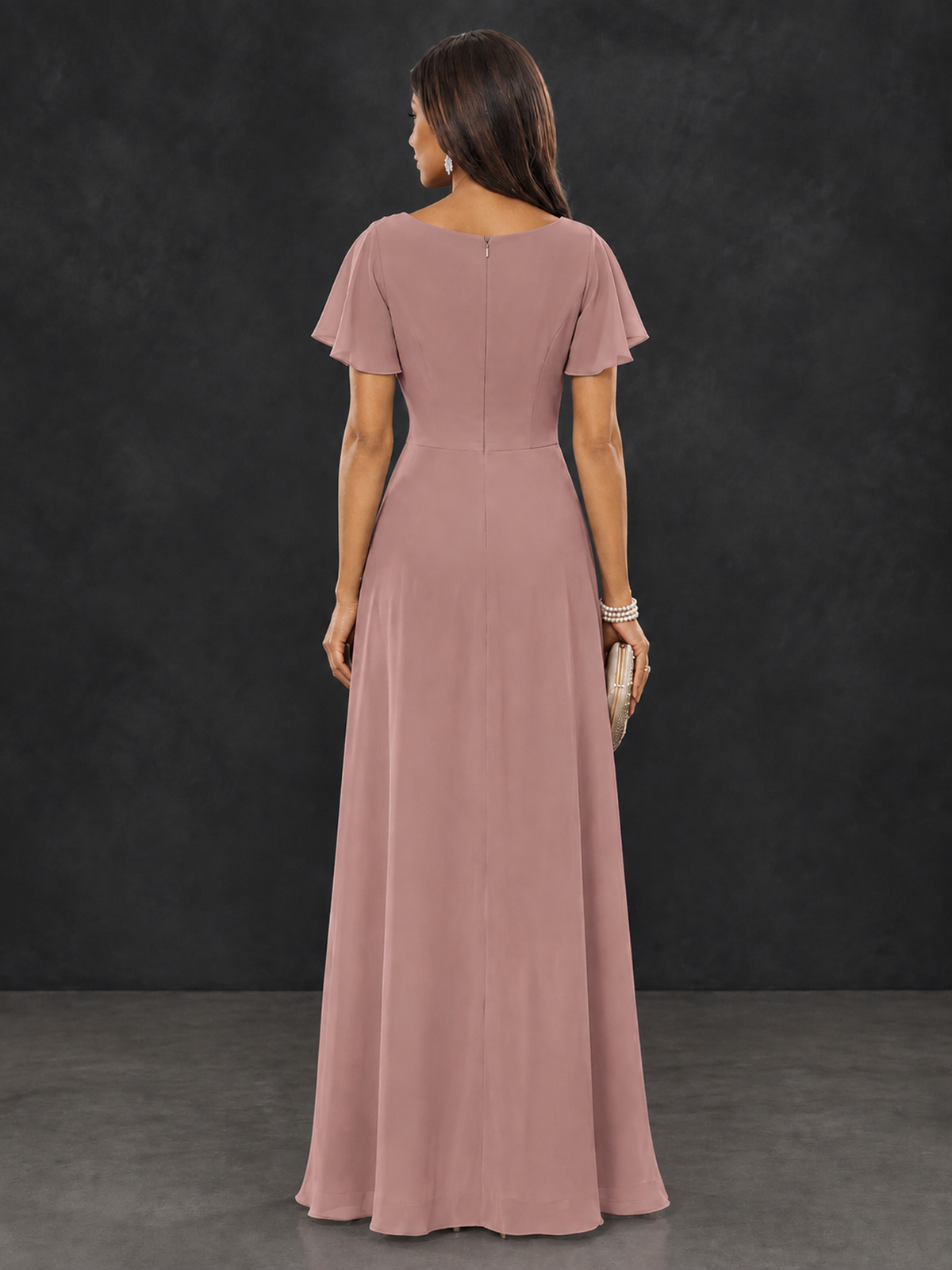 BOLODOO Dusty Rose Floral Flutter Sleeve Mother of the Bride Dress - Dusty Rose
