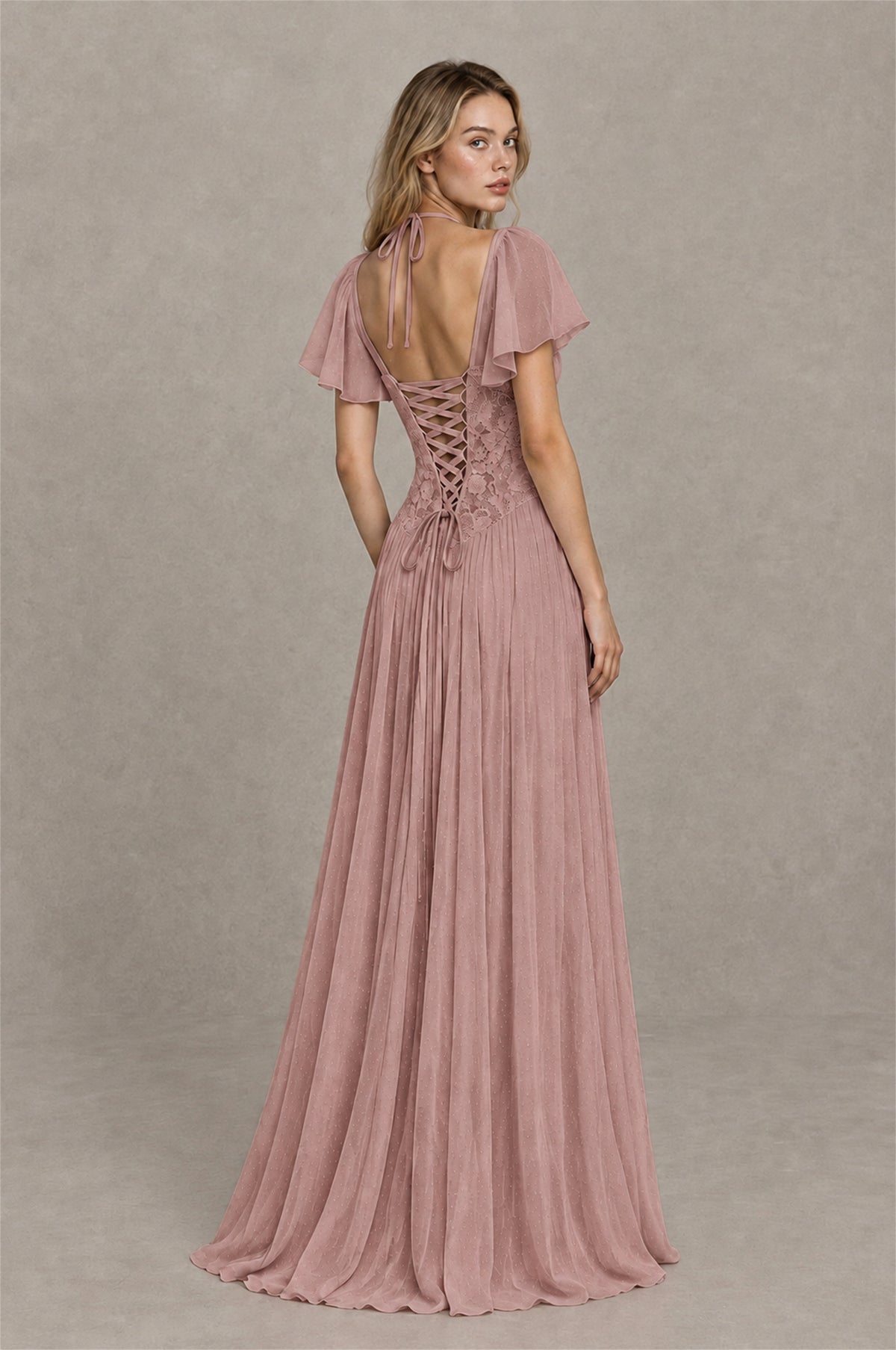 BOLODOO Dusty Rose Flutter Sleeve Lace Corset A-Line Maxi Dress - Dusty Rose - Dusty Rose (2)