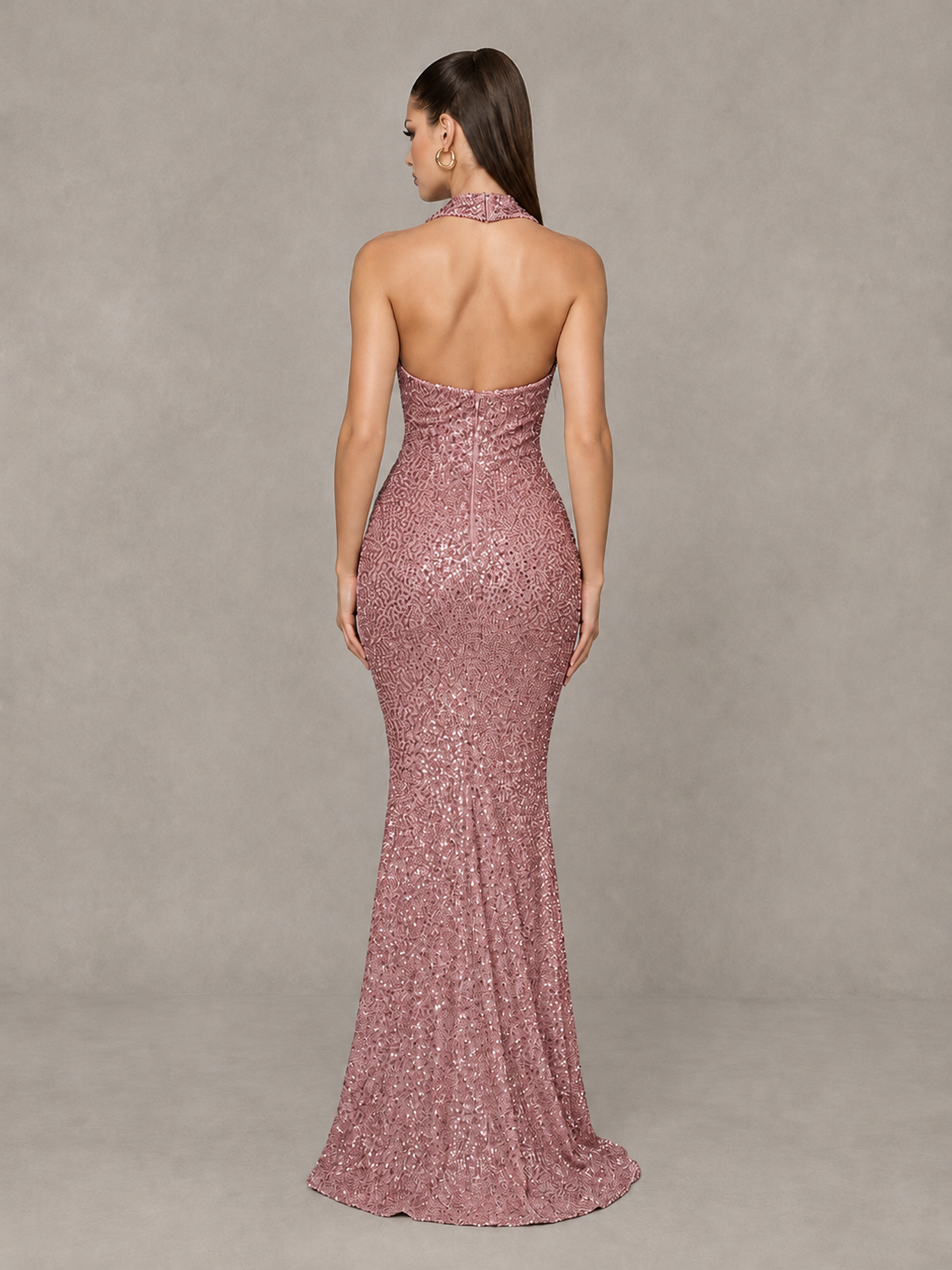BOLODOO Dusty Rose Sequin Halter Mermaid Evening Gown - Dusty Rose - Dusty Rose (2)