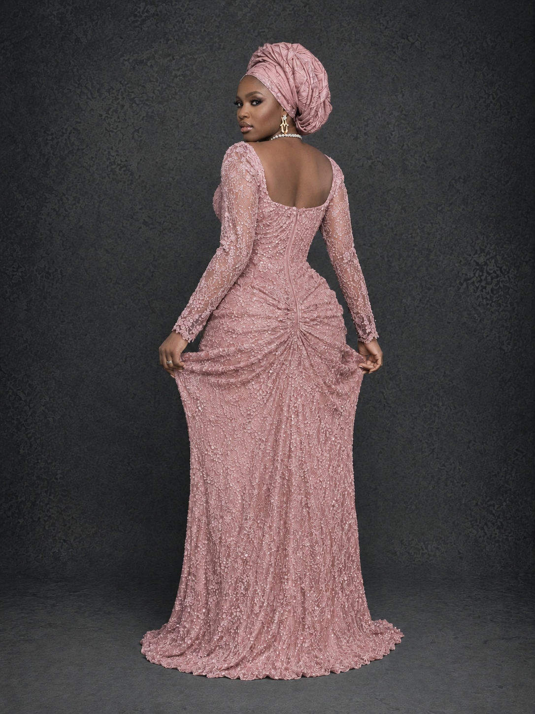 BOLODOO Dusty Rose Beaded Lace Long Sleeve Mermaid Gown Sweetheart | Mother of the Bride - Dusty Rose