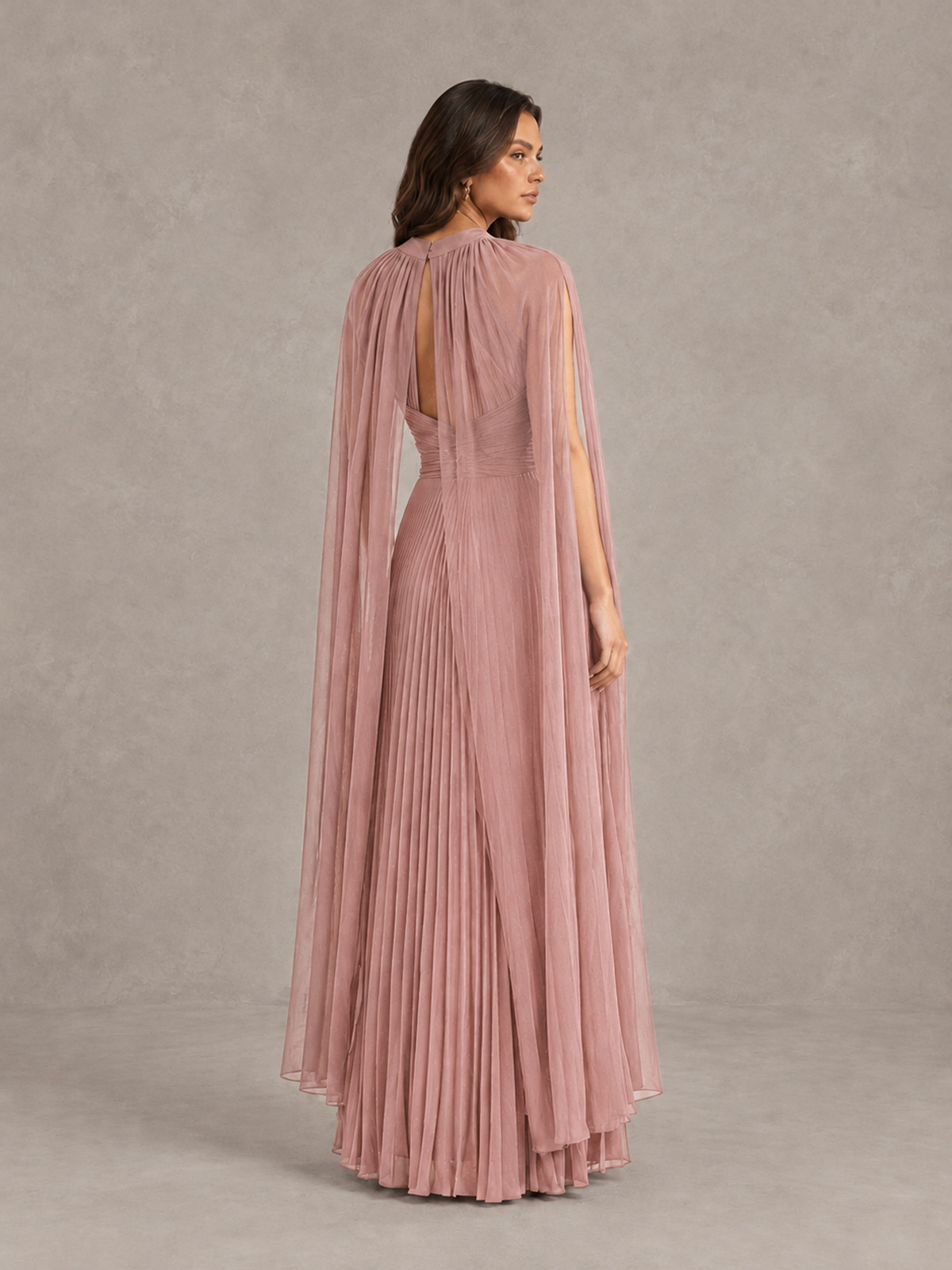BOLODOO Dusty Rose Pleated Cape Maxi Wedding Guest Dress - Dusty Rose - Dusty Rose (2)