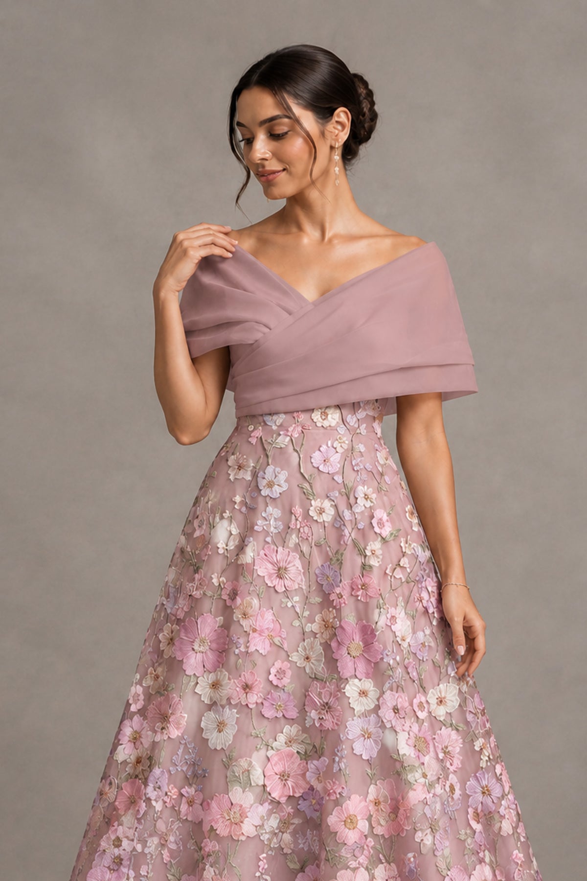 Dusty Rose Off-Shoulder Satin & 3D Floral Embroidered Tulle Tea Length A-Line Dress - Dusty Rose