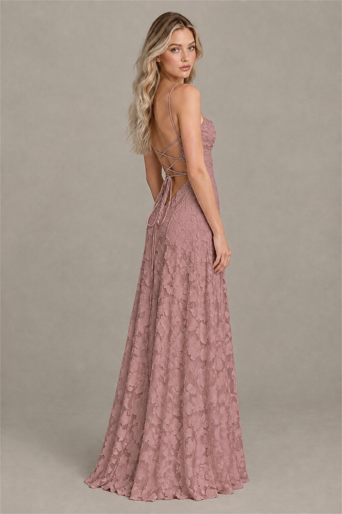 BOLODOO Dusty Rose Floral Appliqué Lace-Up Back Maxi Dress - Dusty Rose