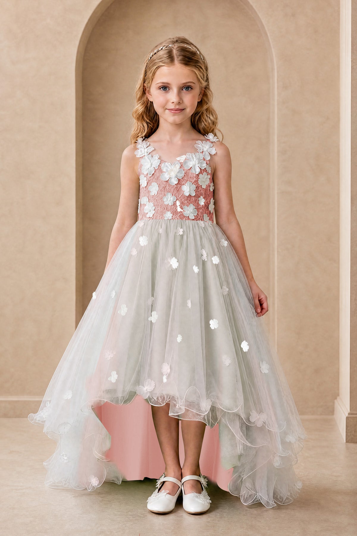 BOLODOO Dusty Rose Flower Girl Dress with Floral Appliqué and High-Low Tulle Skirt - Dusty Rose