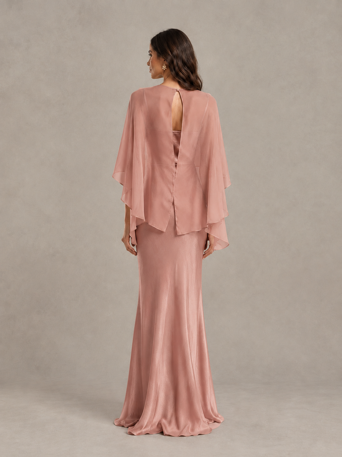 BOLODOO Dusty Rose Satin Mermaid Bridesmaid Dress with Chiffon Cape - Dusty Rose - Dusty Rose (2)