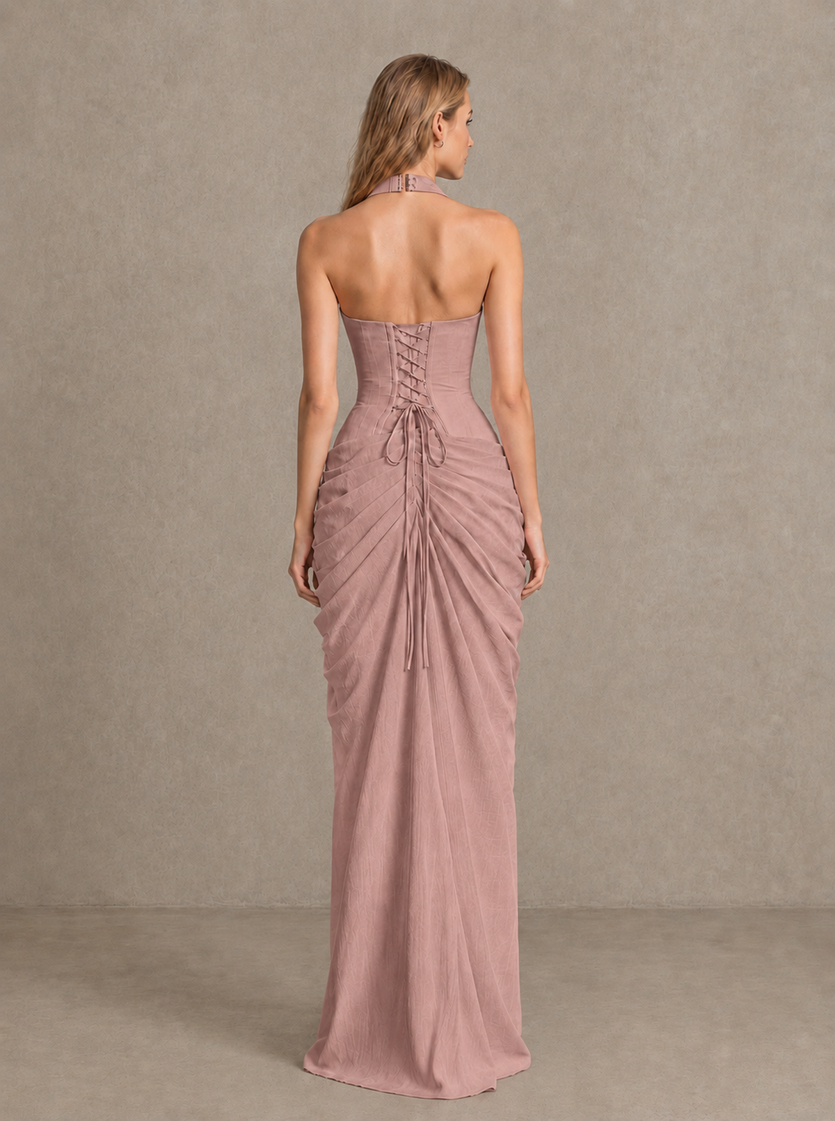 BOLODOO Dusty Rose Halter Neck Ruched Maxi Dress with High Slit - Dusty Rose