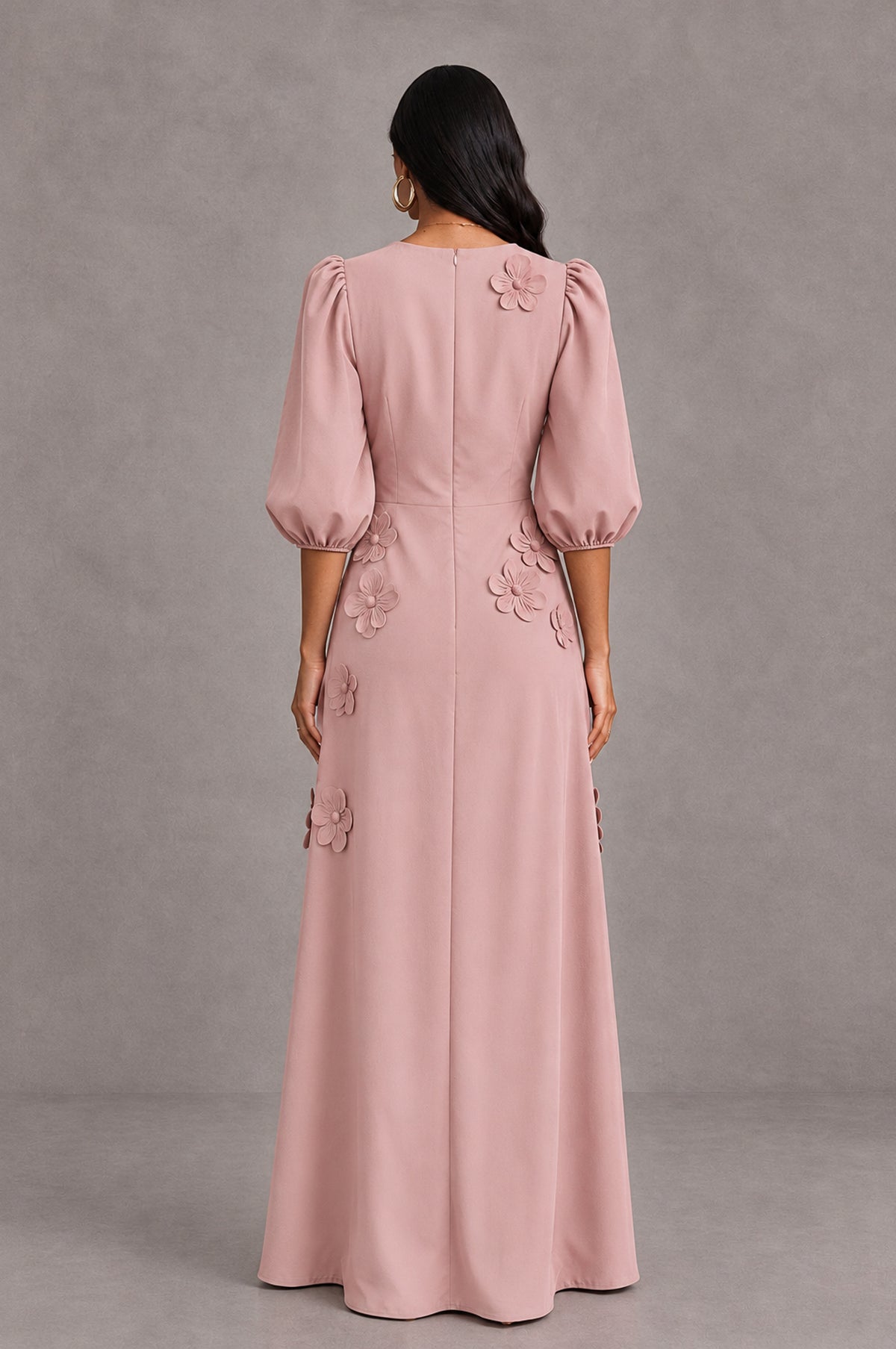 BOLODOO Dusty Rose Floral Applique Puff Sleeve A-Line Evening Dress - Dusty Rose - Dusty Rose (2)