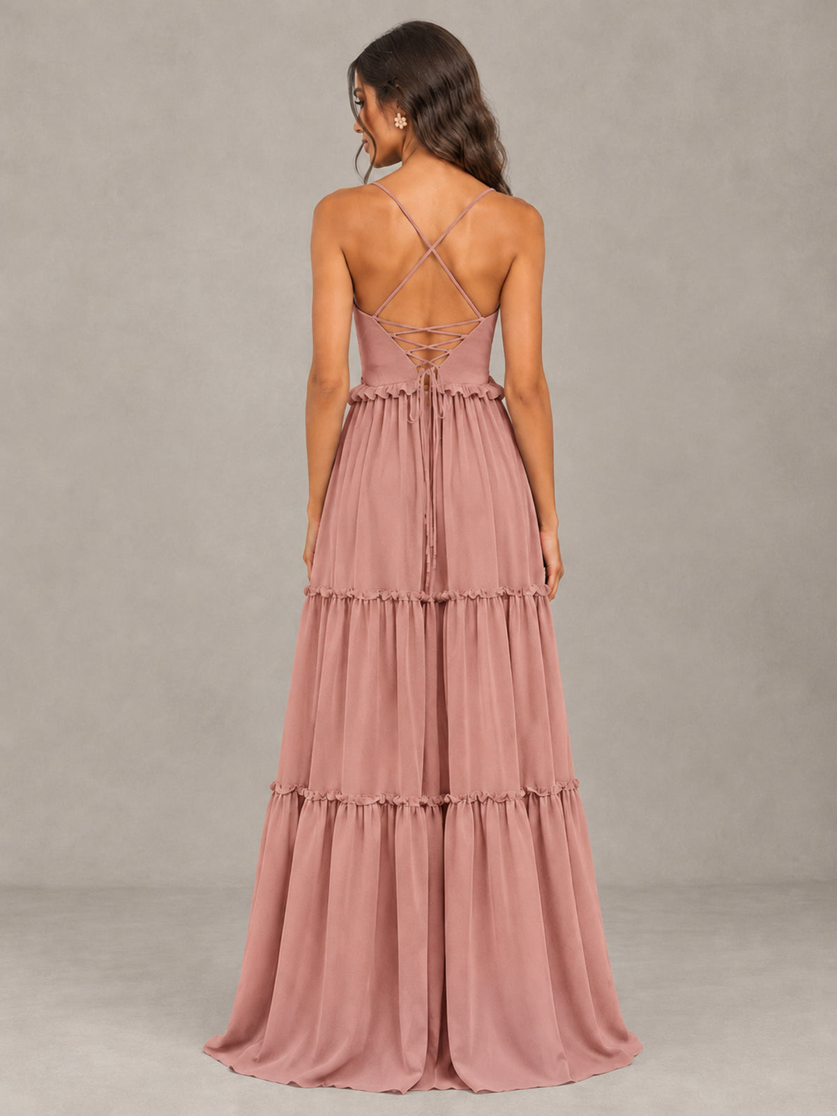 BOLODOO Dusty Rose Tiered V-Neck Lace-Up Back Bridesmaid Dress - Dusty Rose - Dusty Rose (2)