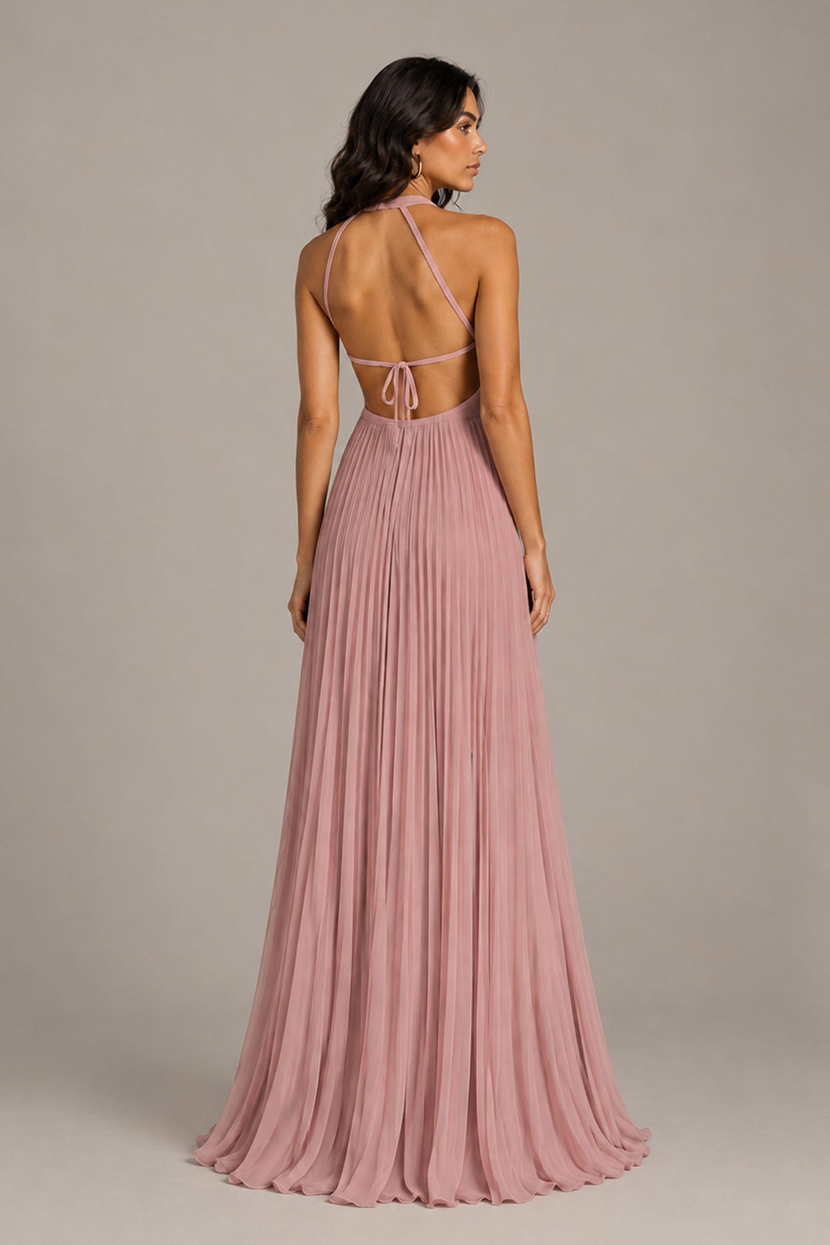 BOLODOO Dusty Rose Halter Neck Pleated Chiffon Maxi Dress with Side Slit - Dusty Rose