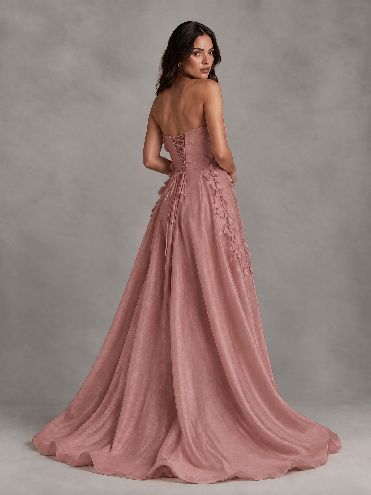 BOLODOO Dusty Rose Strapless Floral Applique Prom Dress with Overskirt - Dusty Rose - Dusty Rose (2)