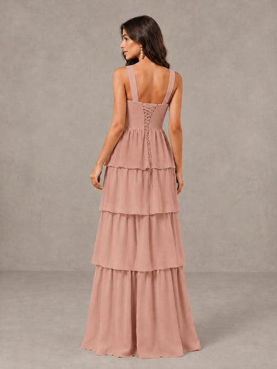 BOLODOO Dusty Rose Square Neck Tiered Bridesmaid Dress with Slit - Dusty Rose - Dusty Rose (2)