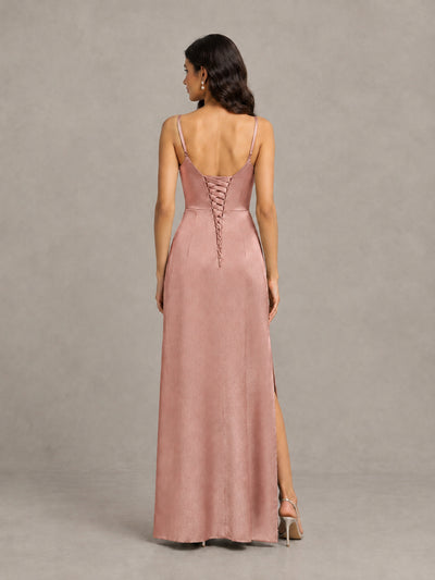 BOLODOO Dusty Rose Cowl Neck Satin Bridesmaid Dress with Slit - Dusty Rose - Dusty Rose (2)