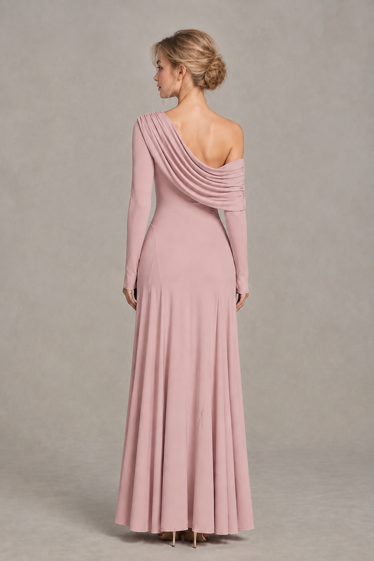 BOLODOO Dusty Rose Asymmetric Draped Long Sleeve Evening Gown - Dusty Rose