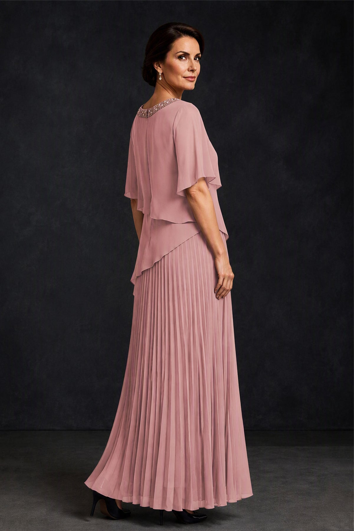 BOLODOO Dusty Rose Pearl Beaded Neck Asymmetric Tiered Flutter Sleeve Pleated Chiffon Maxi Dress - Dusty Rose