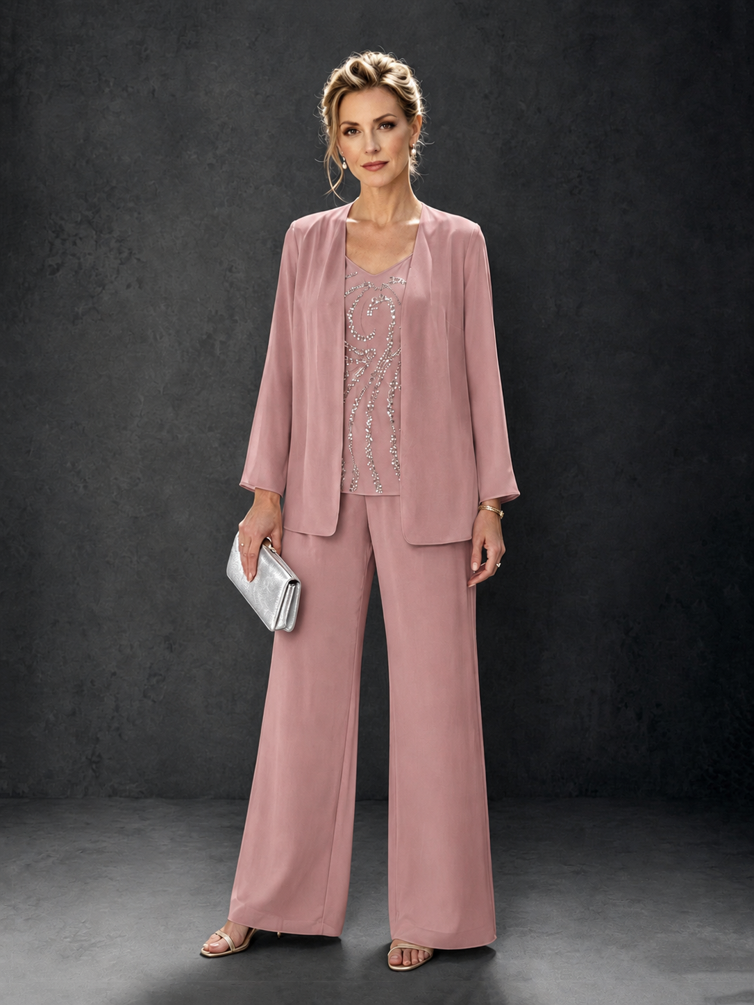 BOLODOO Dusty Rose 3-Piece Mother of the Bride Pant Suit with Beaded Top & Chiffon Jacket - Dusty Rose