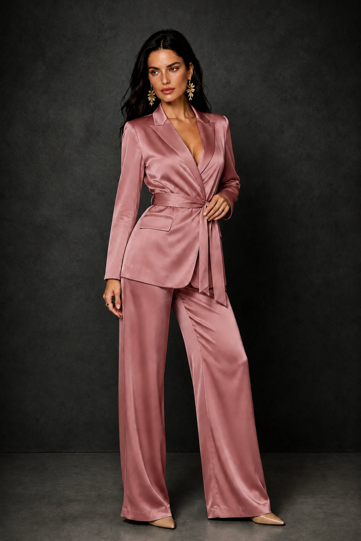 BOLODOO Dusty Rose Satin Wrap Blazer Wide-Leg Pants Two-Piece Suit Set – Evening Gala Wedding Guest - Dusty Rose