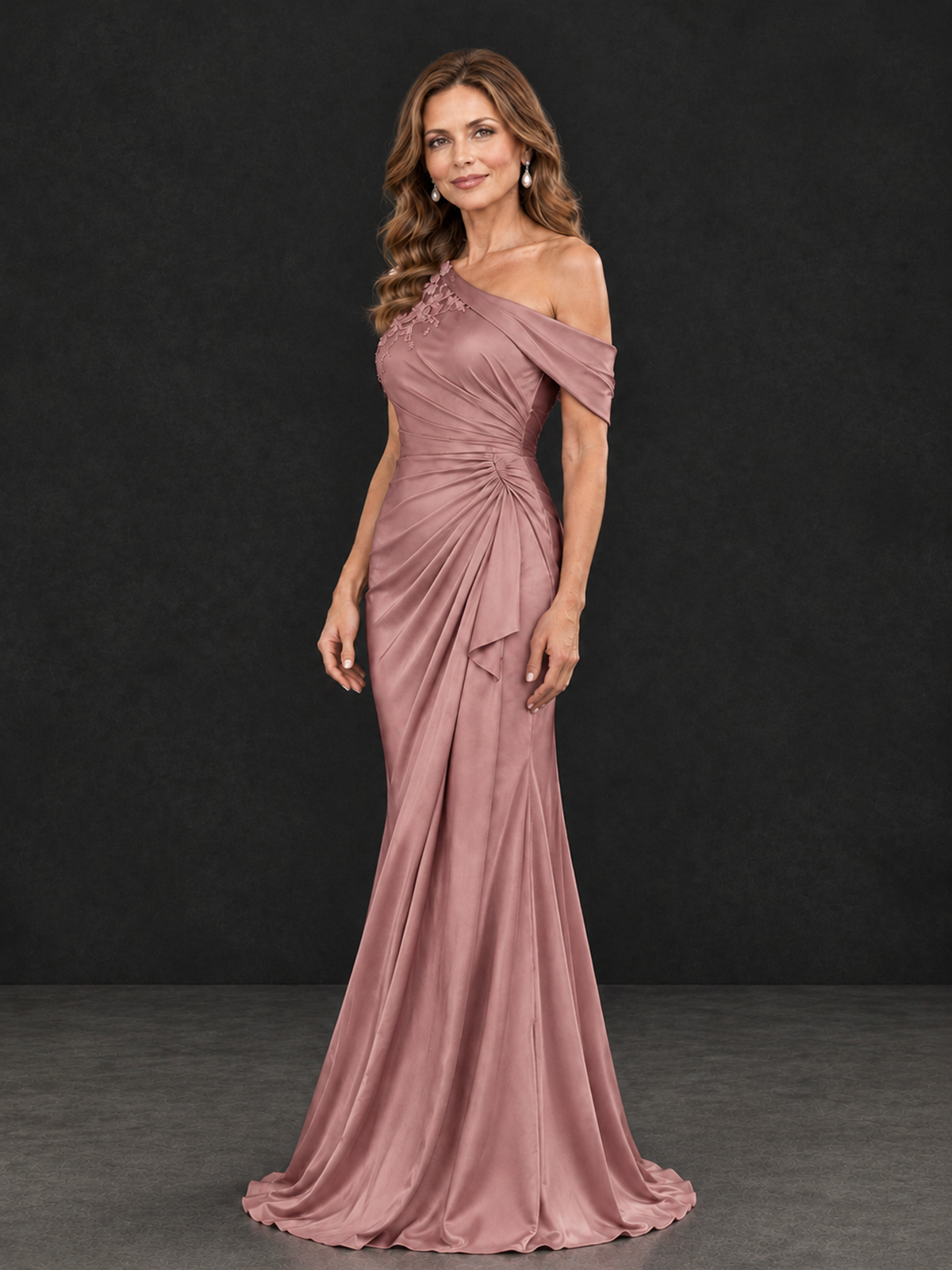 BOLODOO Dusty Rose Asymmetric Satin Mother of the Bride Dress with Lace Sleeve - Dusty Rose - Dusty Rose (3)