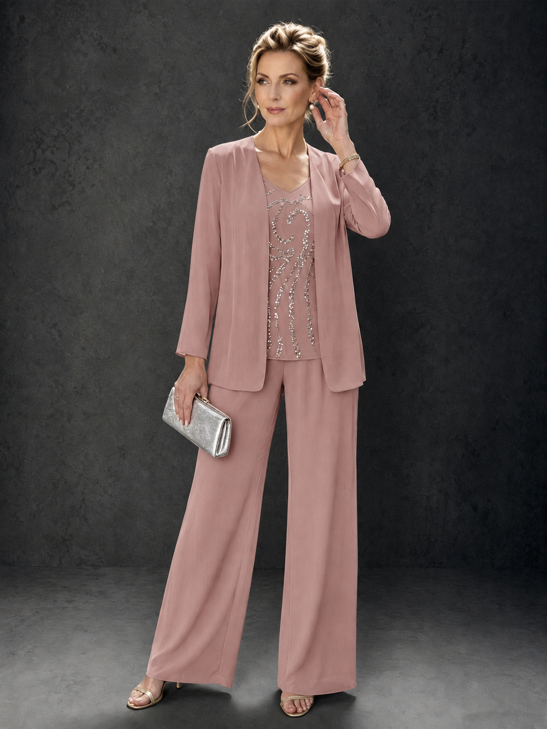 BOLODOO Dusty Rose 3-Piece Mother of the Bride Pant Suit with Beaded Top & Chiffon Jacket - Dusty Rose