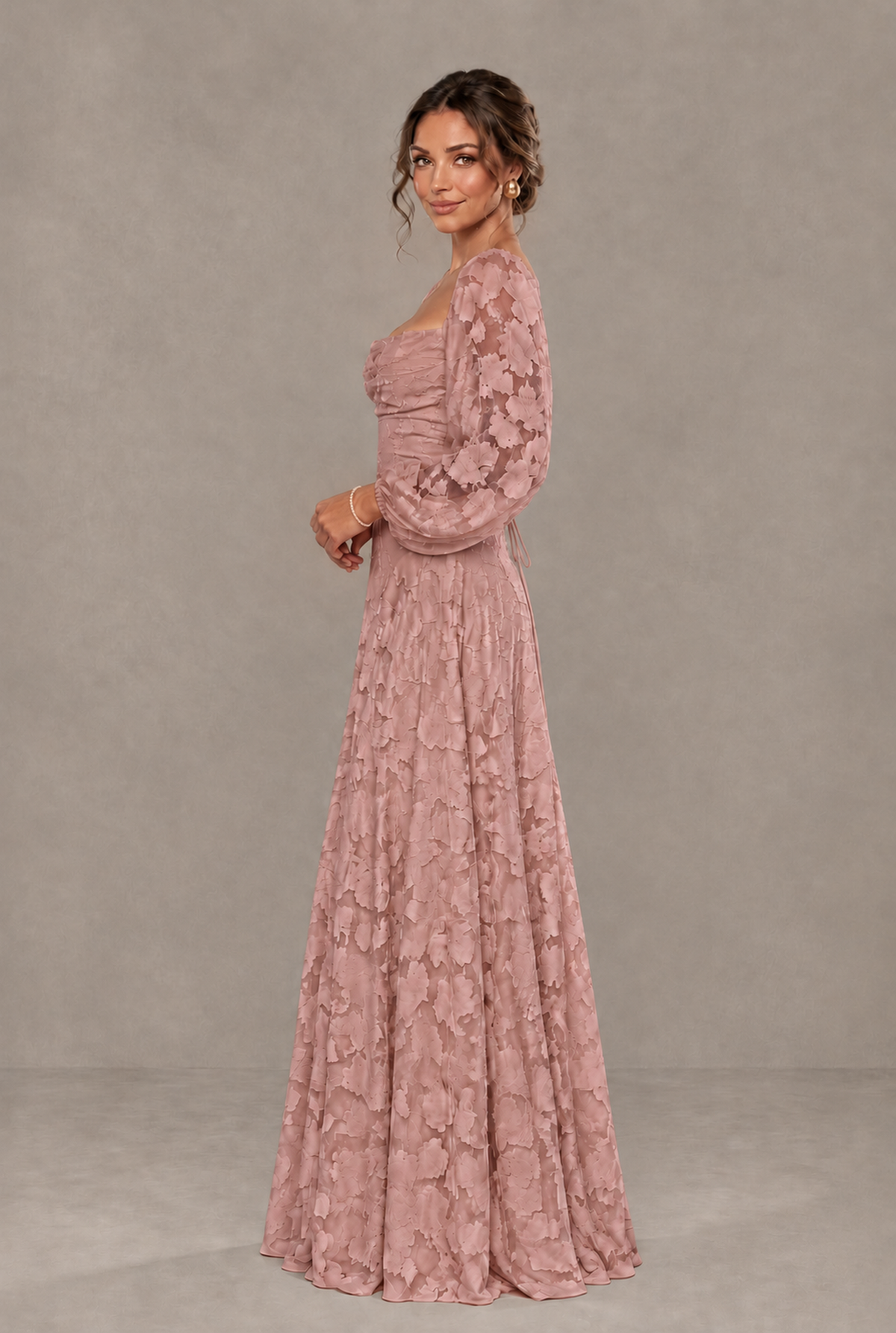 BOLODOO Floral Dusty Rose Long Sleeve A-Line Dress with Lace-Up Back - Dusty Rose