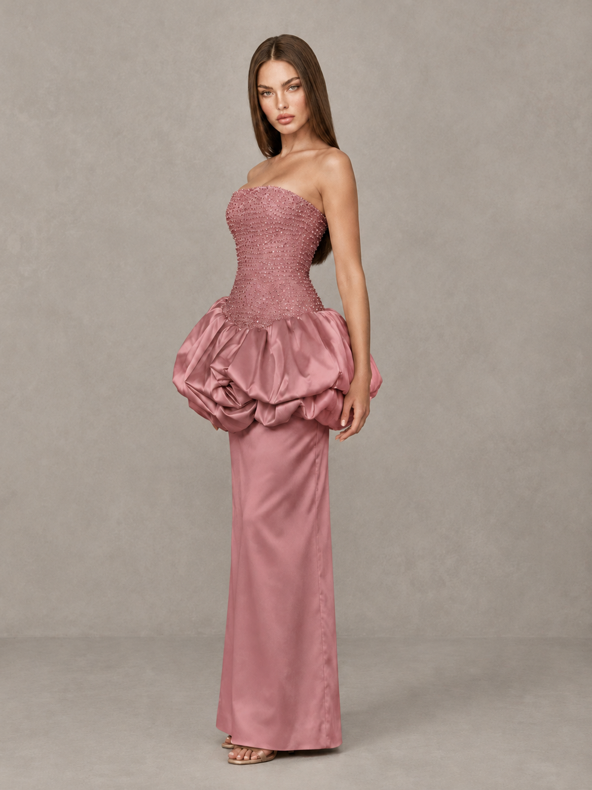 BOLODOO Dusty Rose Strapless Embellished Bubble Peplum Evening Dress - Dusty Rose - Dusty Rose (3)