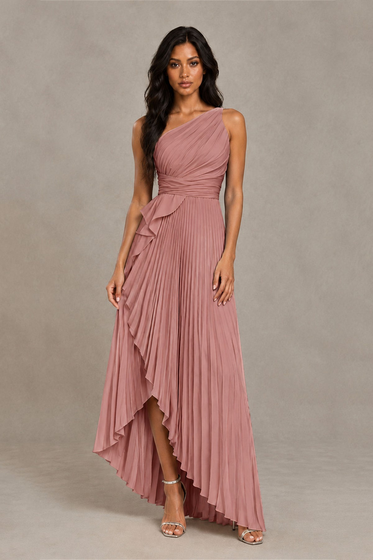 BOLODOO Dusty Rose One-Shoulder High-Low Ruffle Maxi Dress - Dusty Rose