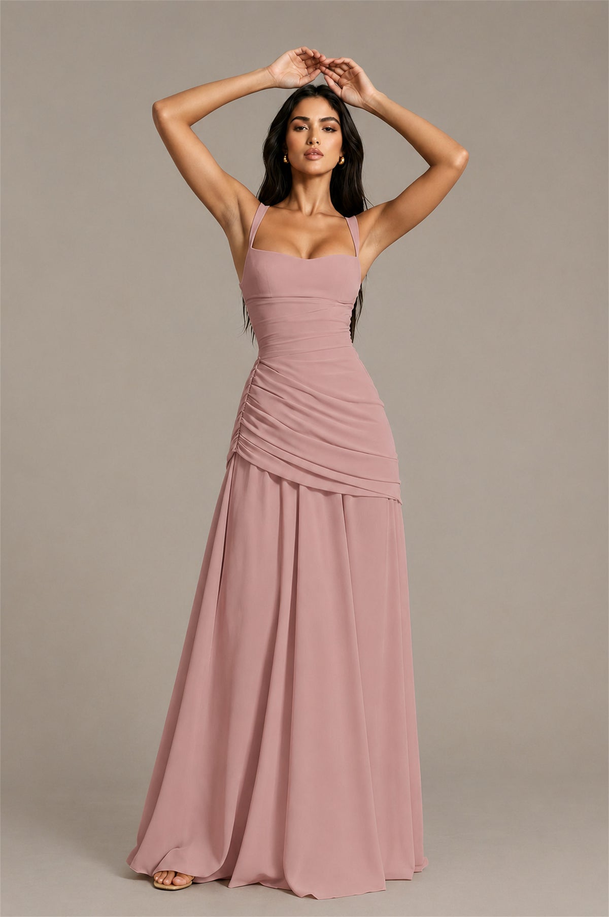BOLODOO Square Neck Ruched A-Line Maxi Dress - Dusty Rose Backless Evening Gown - Dusty Rose