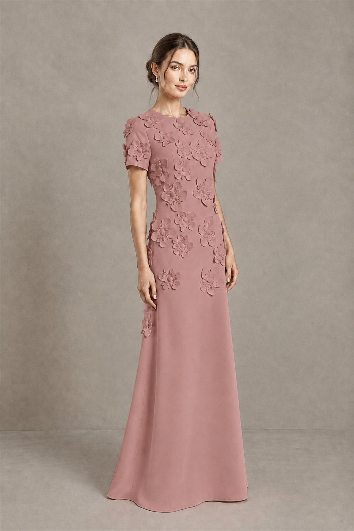 BOLODOO Dusty Rose Textured Floral Maxi Dress with Short Sleeves - Dusty Rose