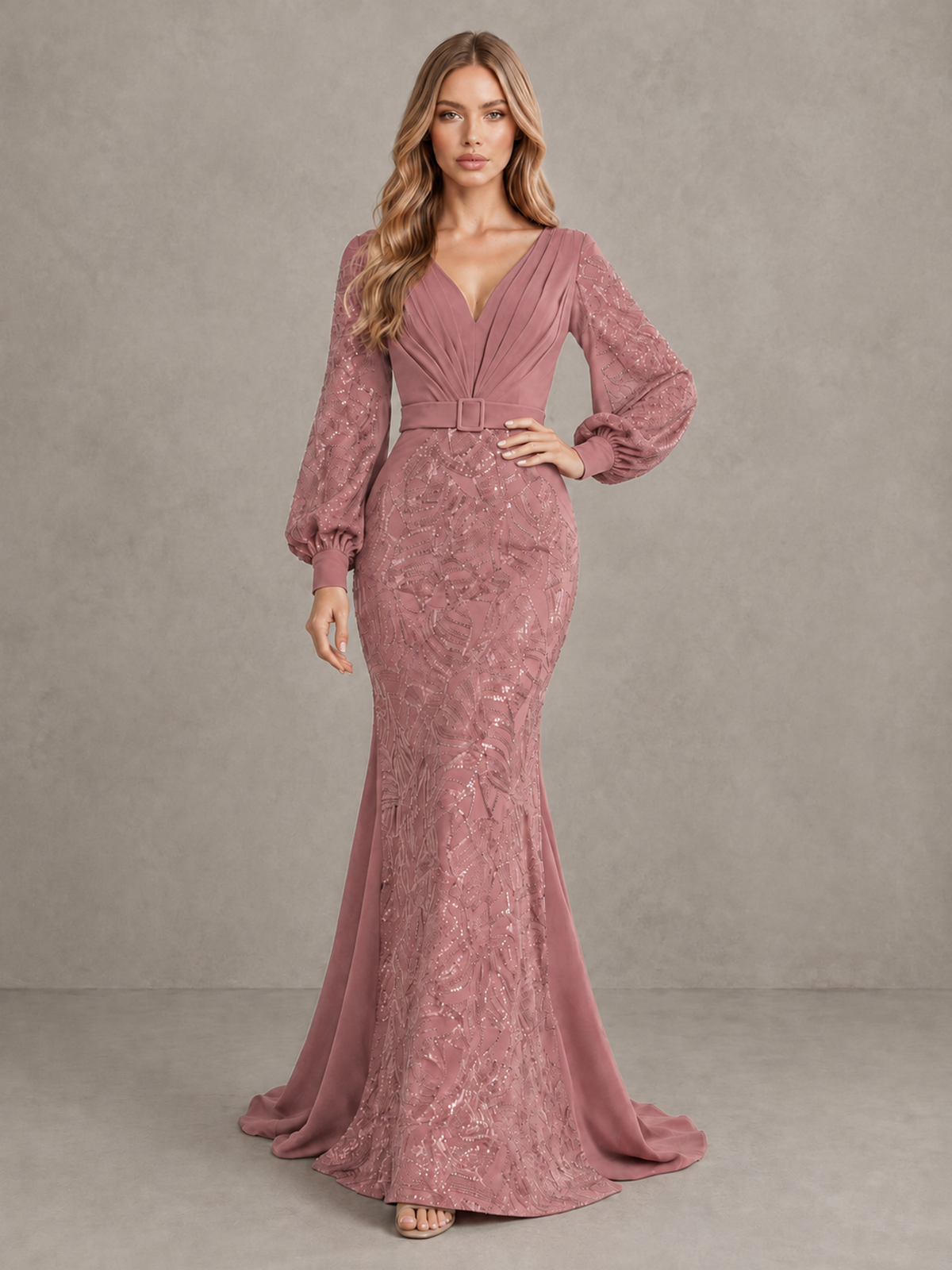 BOLODOO Dusty Rose Sequin Long Bishop Sleeve Mermaid Evening Dress - Dusty Rose - Dusty Rose (3)
